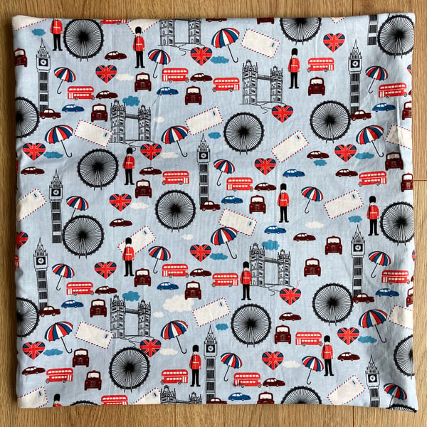 Newly handmade London-themed 45cm square cushion cover