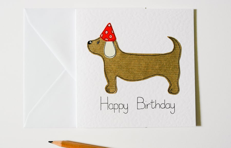 Handmade greeting card sausage dog birthday, Dachshund dog birthday card