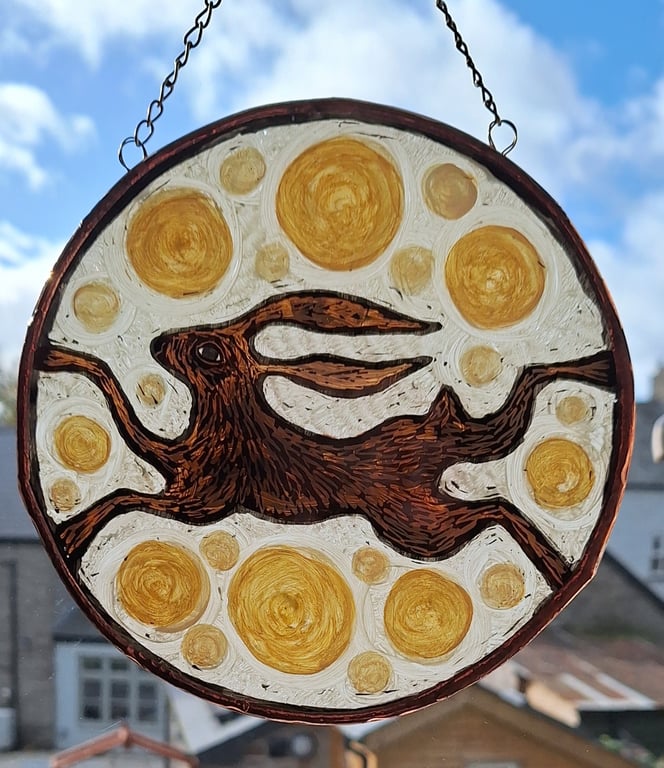 HARE and MOON WINDOW PANEL WALL HANGING. HAND PAINTED HARE. 7 x 7 inches.