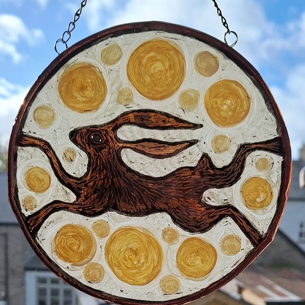 HARE and MOON WINDOW PANEL WALL HANGING. HAND PAINTED HARE. 7 x 7 inches.