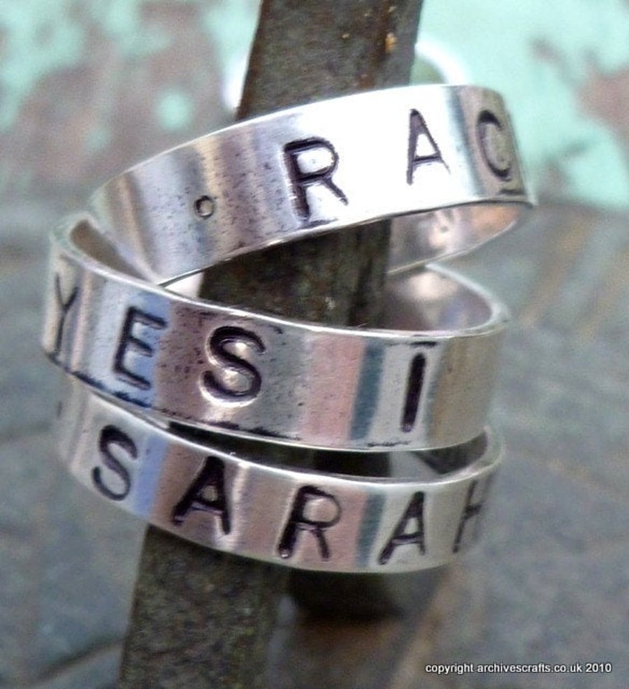 Silver band ring personalised rustic.