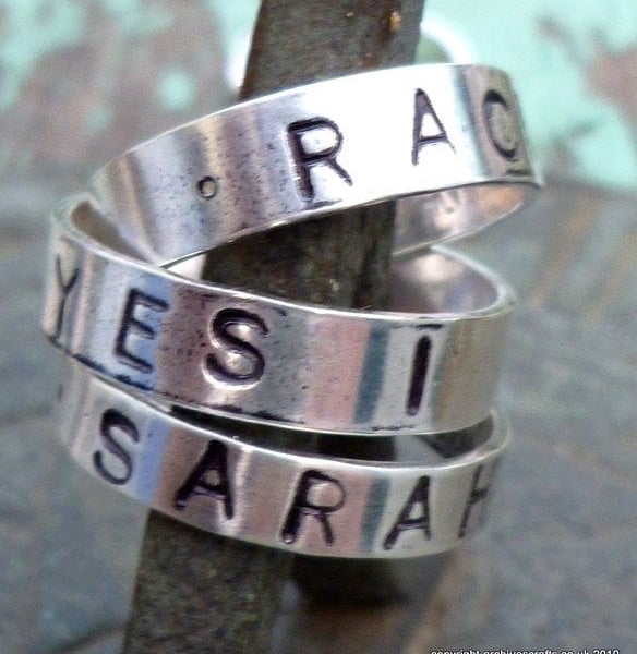 Silver band ring personalised rustic.