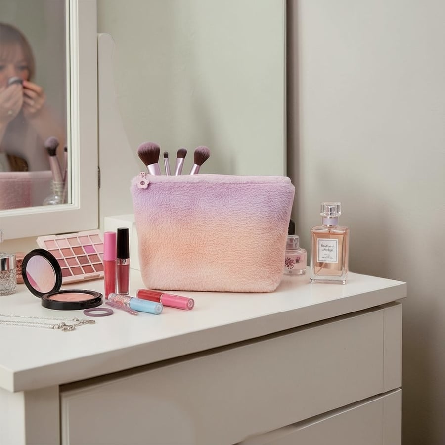 Large Cosmetic Bag in Ombré Faux Fur