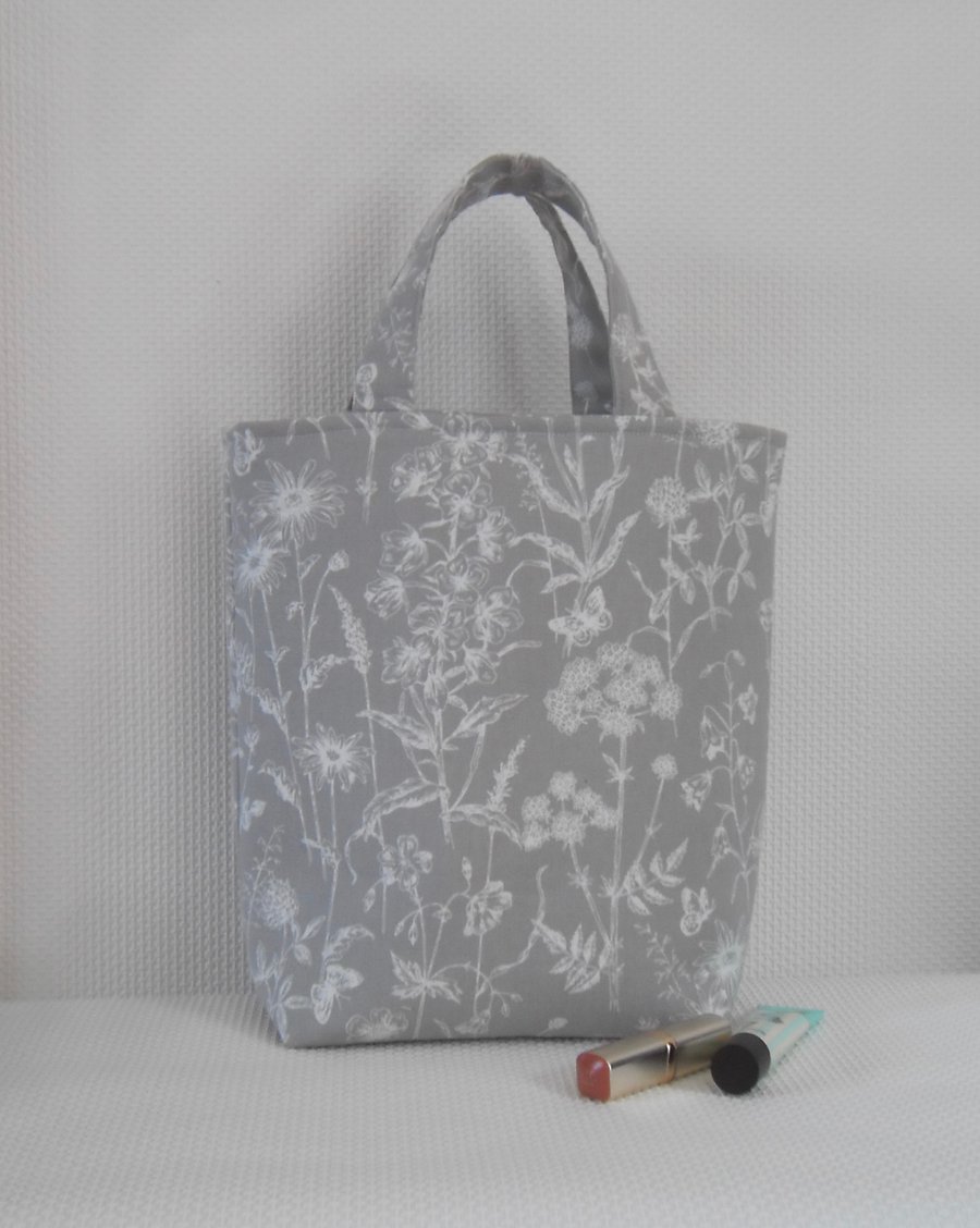 Short handled tote bag in steel grey Laura Ashley fabric