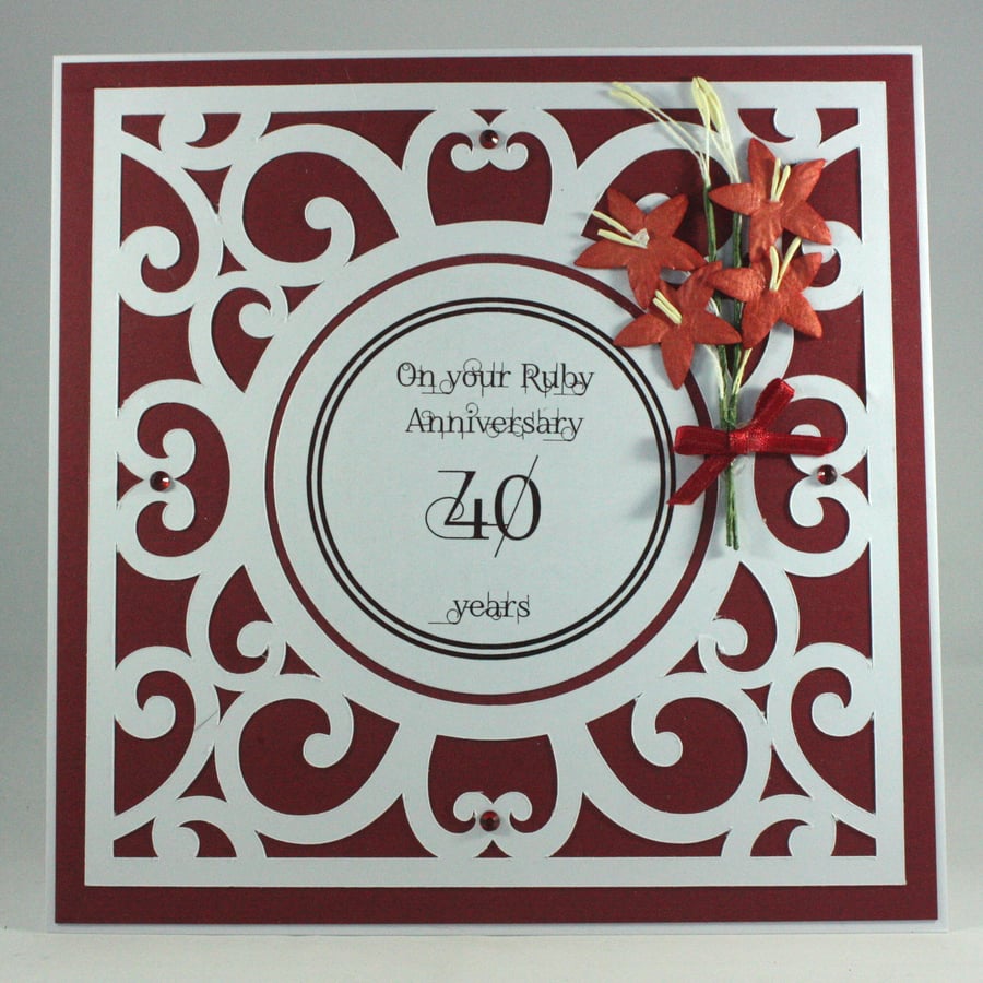 Handmade Ruby Wedding Anniversary card, 40th Anniversary card