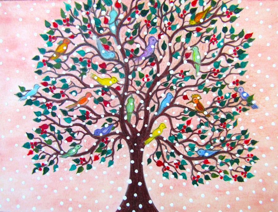 Christmas Card, Birds Tree Snow Art Card, Blank Greeting Card