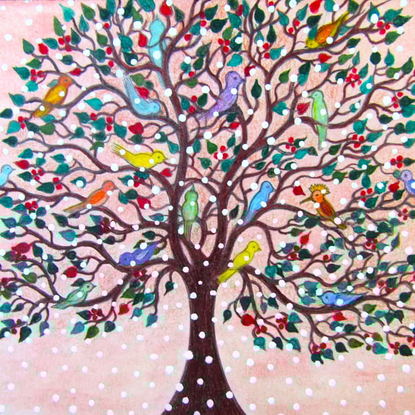 Christmas Card, Birds Tree Snow Art Card, Blank Greeting Card