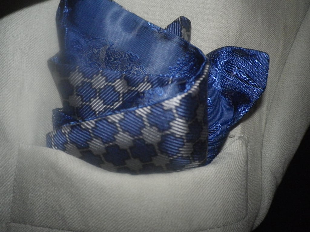 Blue cross motifs on rich paisley reverse , reversible silk pocket square 