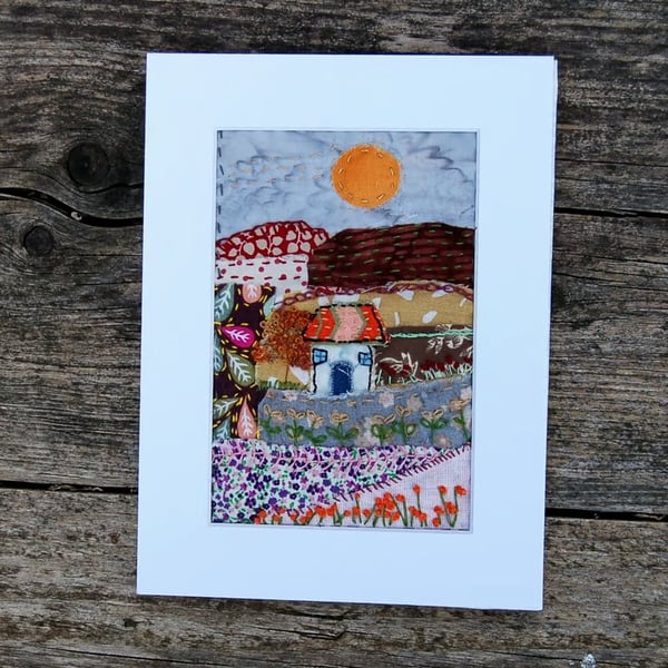 Autumn Textile landscape.  Upcycled fabric hand stitched picture 