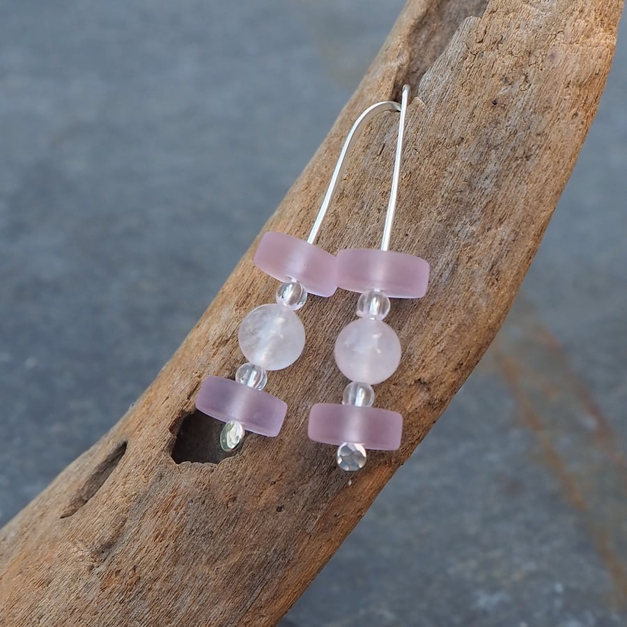 Pink glass bead drop earrings, silver dangle drop earring, glass beads