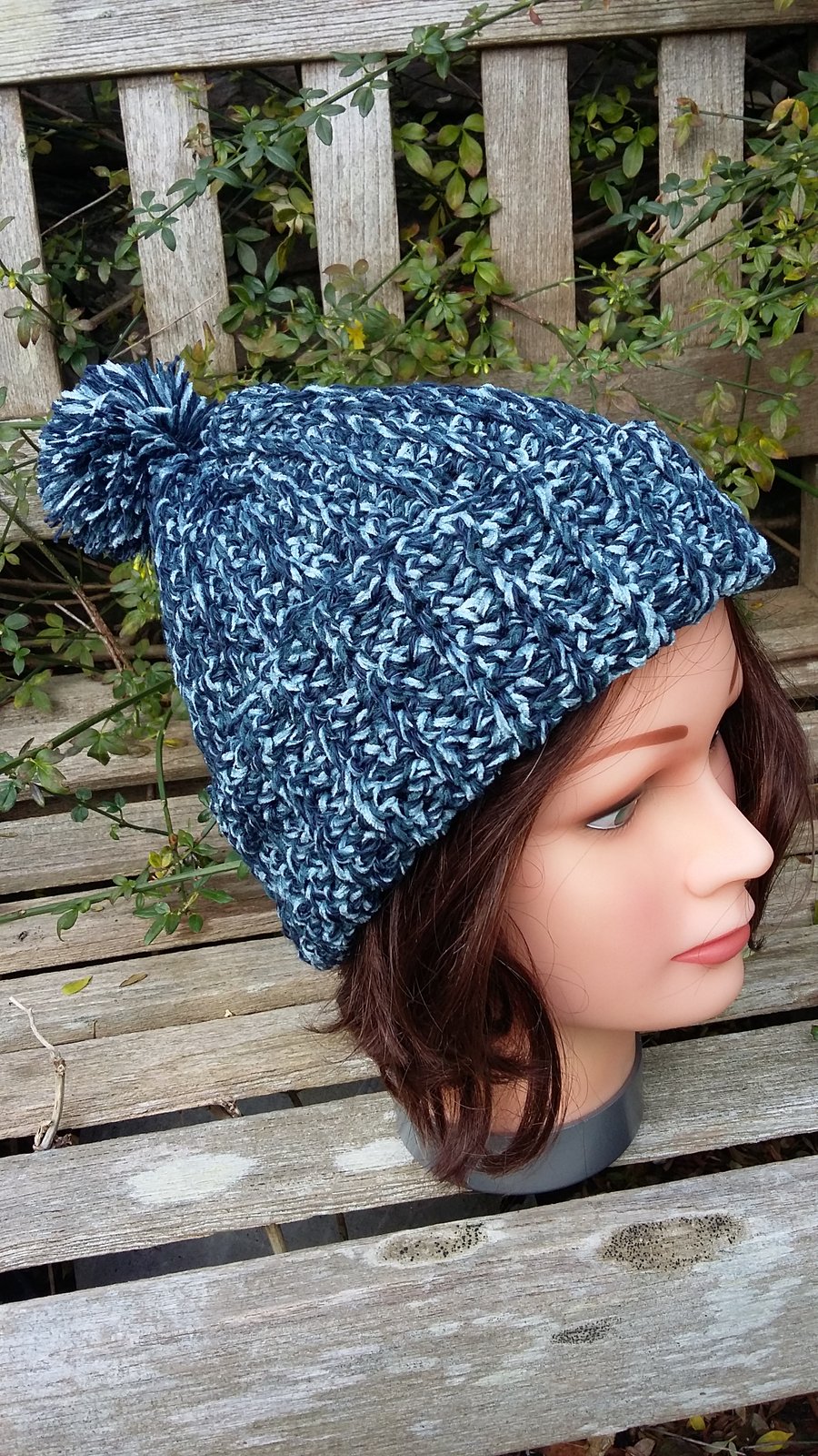 Crochet rib effect bobble hat in shades of bluish grey. Seconds Sunday