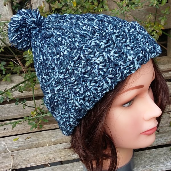 Crochet rib effect bobble hat in shades of bluish grey. Seconds Sunday