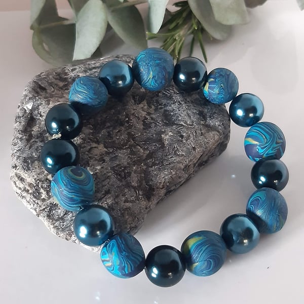 Handmade Polymer Clay Bracelet – Turquoise, purple and gold