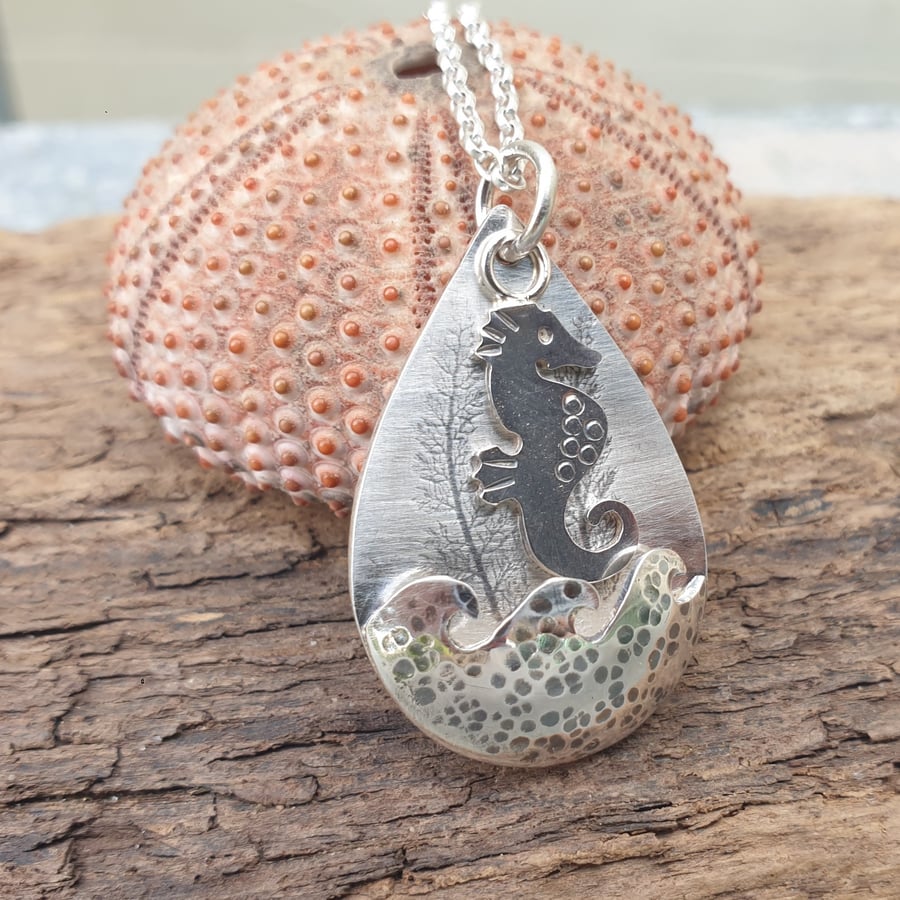 Silver seahorse seaweed coastal pendant