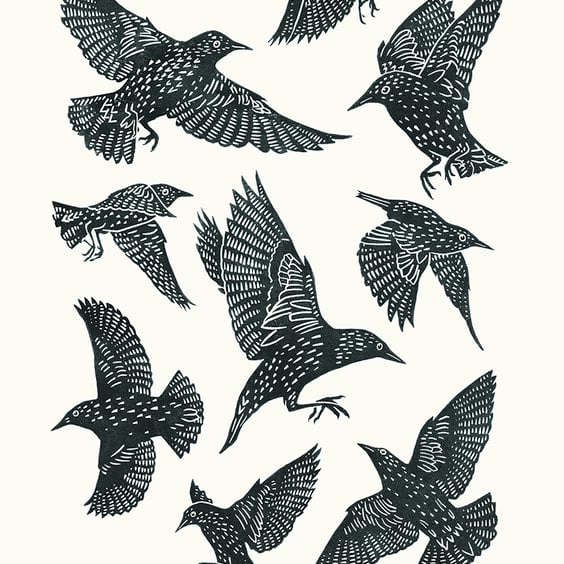 Starlings one-colour A2 linocut screen-print