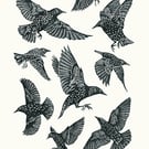 Starlings one-colour A2 linocut screen-print