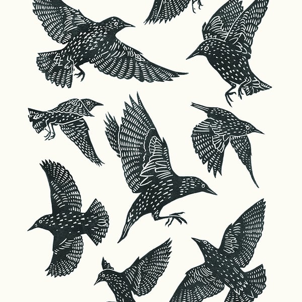 Starlings one-colour A2 linocut screen-print