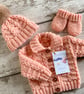 Hand Knitted Newborn Baby Coming Home Set –  Girls Peach Cardigan Hat & Mittens - Image 6