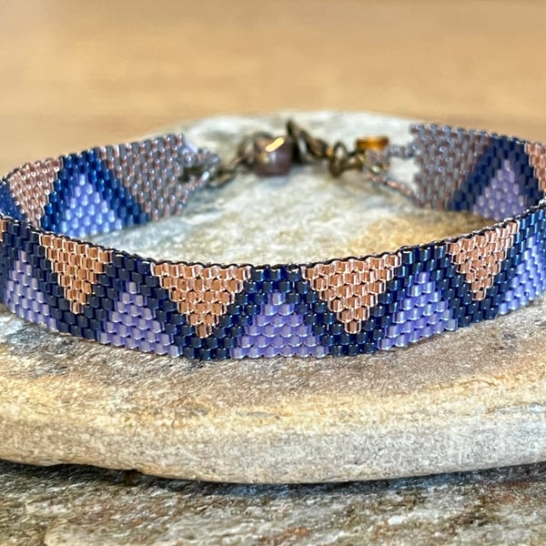 Lilac, blue and copper Southwestern style beaded peyote bracelet 