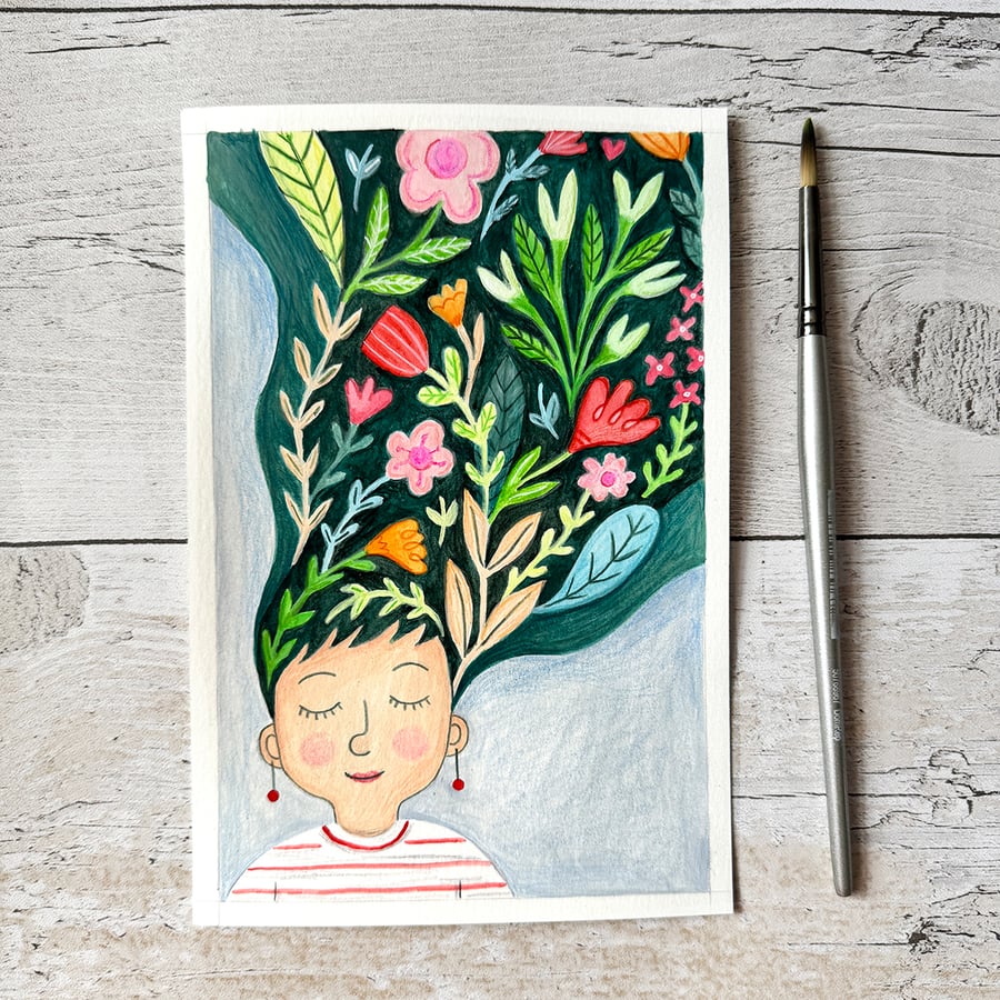 Original Floral Woman Painting - Gouache Painting - One of a kind