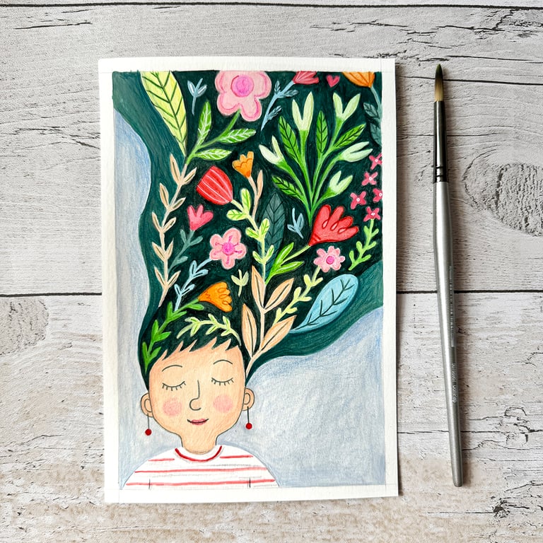 Original Floral Woman Painting - Gouache Painting - One of a kind