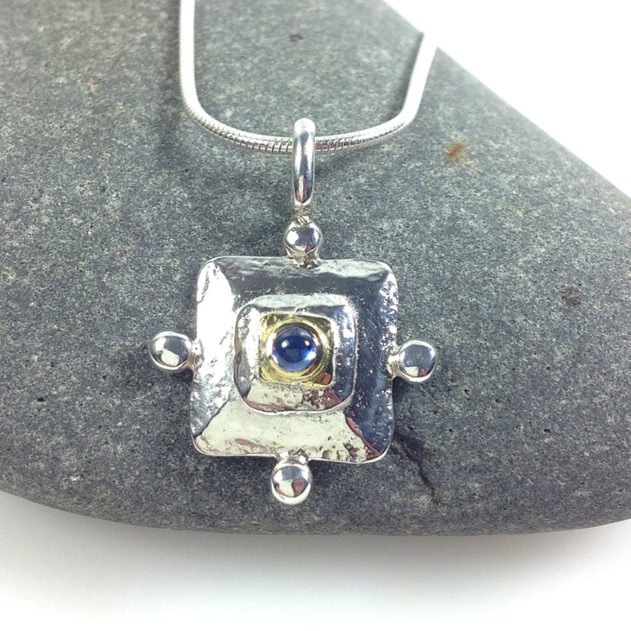 Silver gold and sapphire medieval style pendant and chain.