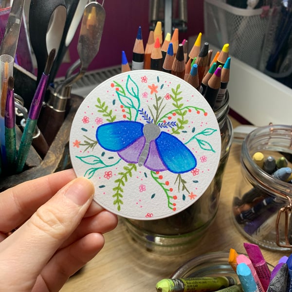 Floral Moth Original Pencil Drawing - Circle Art