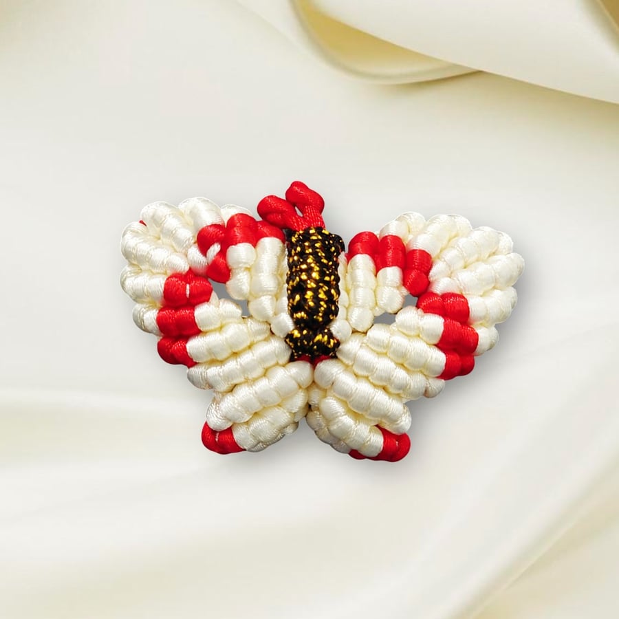 Macrame Butterfly Brooch (White and Red)