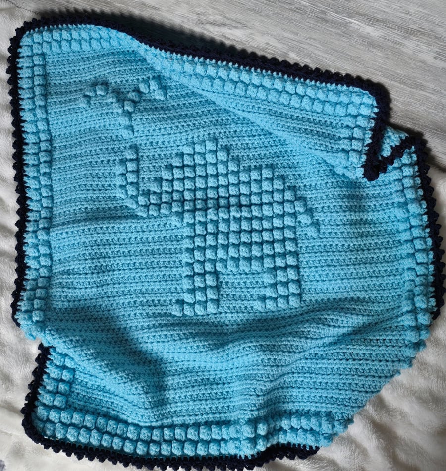 Handmade Crochet Elephant Pram Blanket – Turquoise & Navy