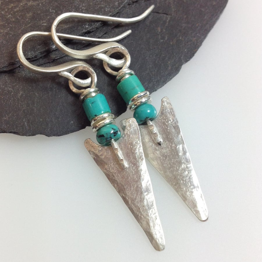 Turquoise and silver arrowhead tribal earrings