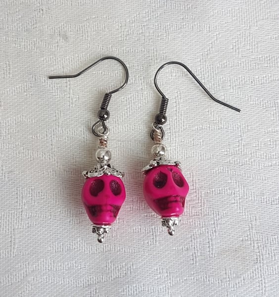 Fabulous Pink Skull Earrings - Gun Metal Tone Ear Wires.