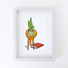 Snake Plant Still Life, potted plant with table and book, Giclee print