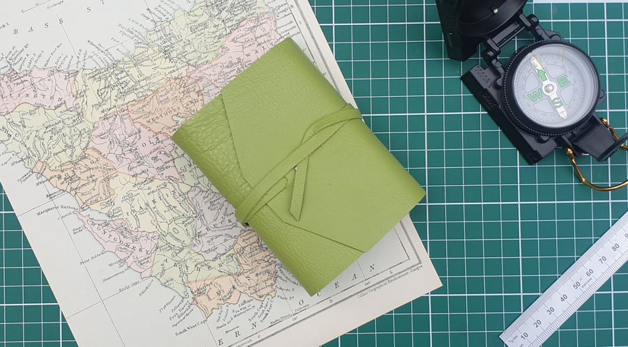 Handmade Leather Journal - Small Size 4 x 3 - Hand-Stitched - Light Green