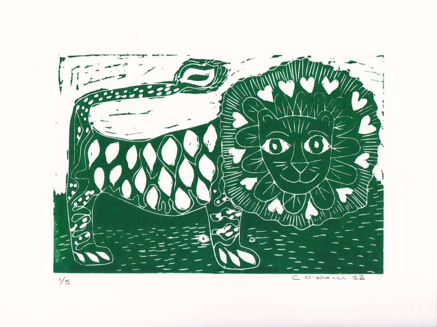 Happy Green Lion -   Lino Print