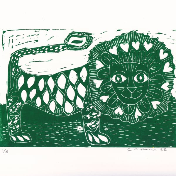 Happy Green Lion -   Lino Print