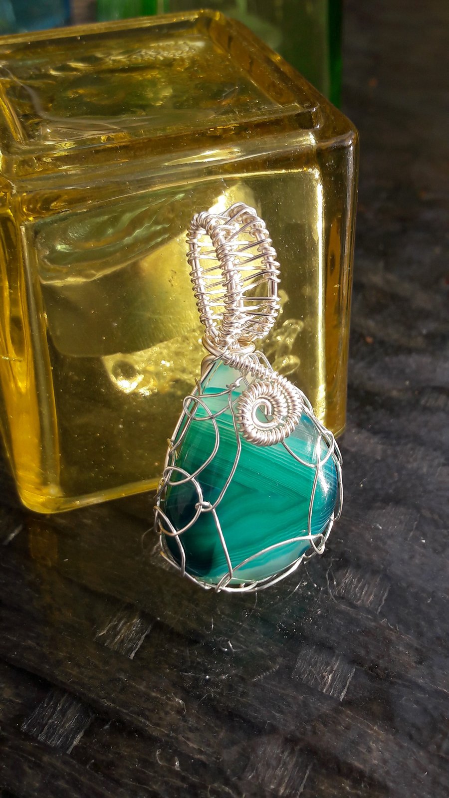 Green Striped Onyx Teardrop Netting in Silver Plated Wire Pendant
