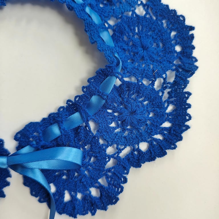 Blue Crochet Lace Collar, Handmade Detachable Floral Accessory with Satin Ribbon
