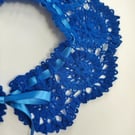 Blue Crochet Lace Collar, Handmade Detachable Floral Accessory with Satin Ribbon