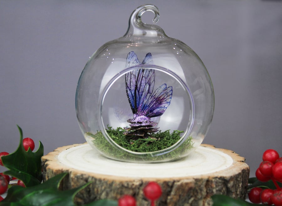 Fairy Wing Christmas Bauble Tree Decoration Pine Cone Cottagecore Gift Purple