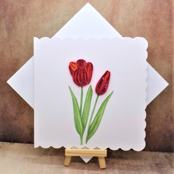 Beautifully simple quilled tulips with hand painted leaves open card