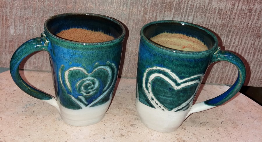 Seagreen, heart decorated large stoneware mugs