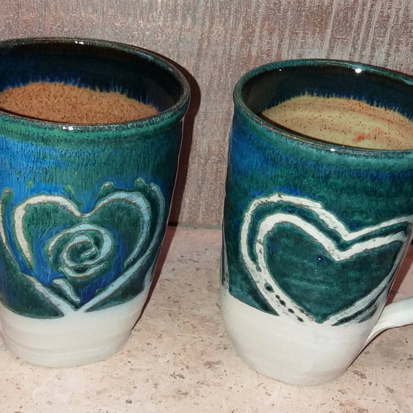 Seagreen, heart decorated large stoneware mugs