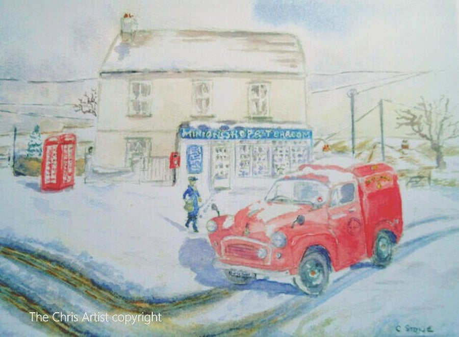 Art print Morris Minor mail van Bodmin Moor Cornwall  from original watercolour 