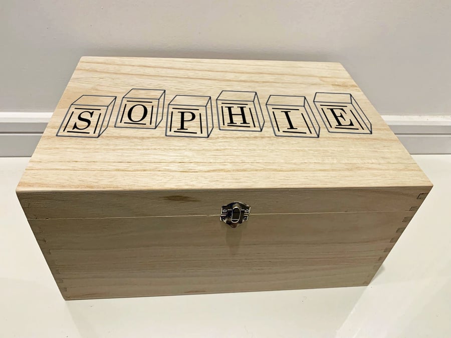 Large Personalised Engraved Wooden Baby Keepsake Box with Toy Bricks