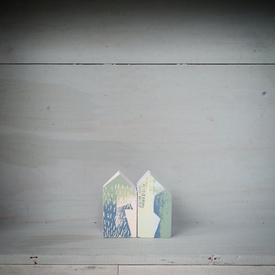 Miniature Wooden Houses, Set of Two House Ornaments, 5th Anniversary Gift