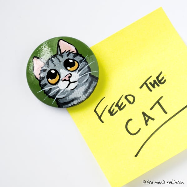 Grey Tabby Cat - Hand Painted Wooden Fridge Magnet