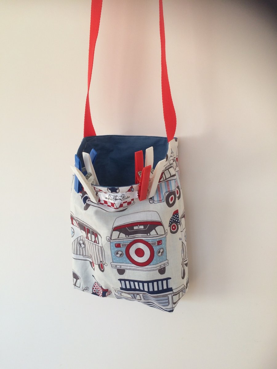 Shoulder strap peg bag for easy laundry hanging. Camper Van design.