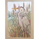 Grey Heron bird drawing, small original artwork, wall art