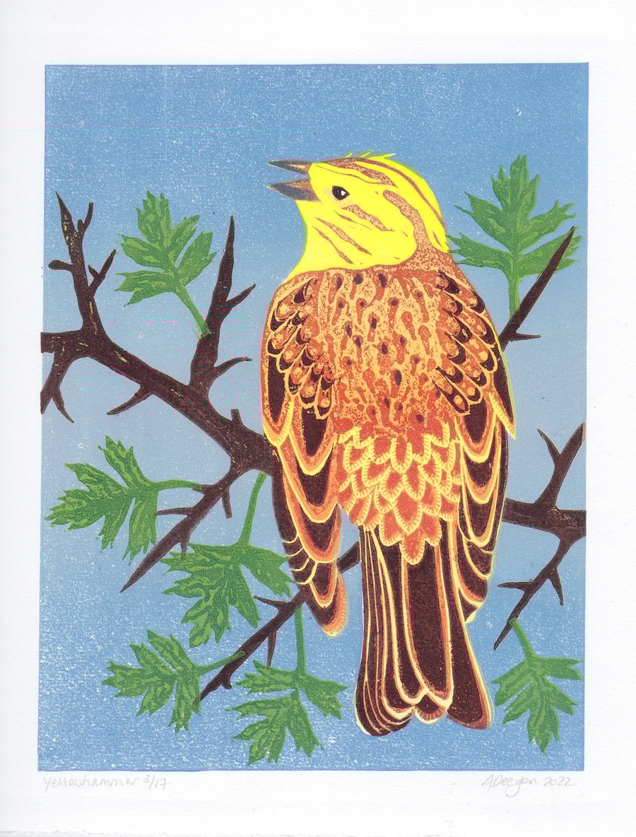Original lino print Yellowhammer
