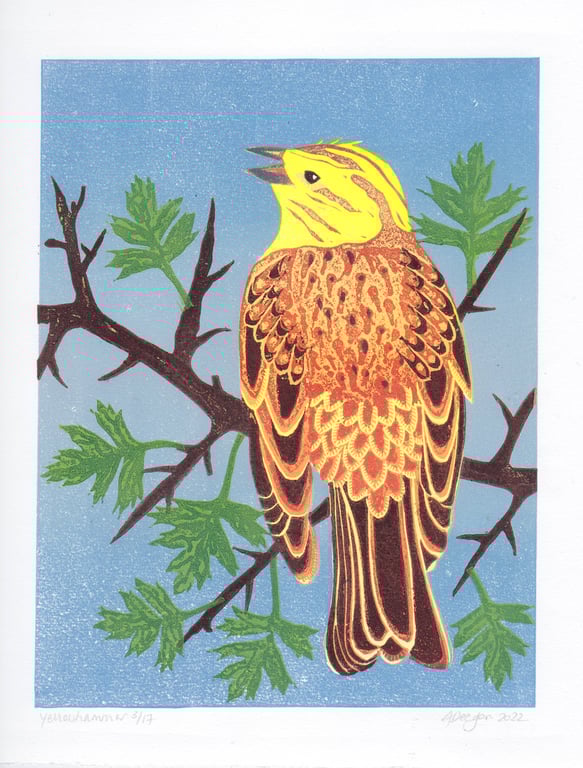 Original lino print Yellowhammer